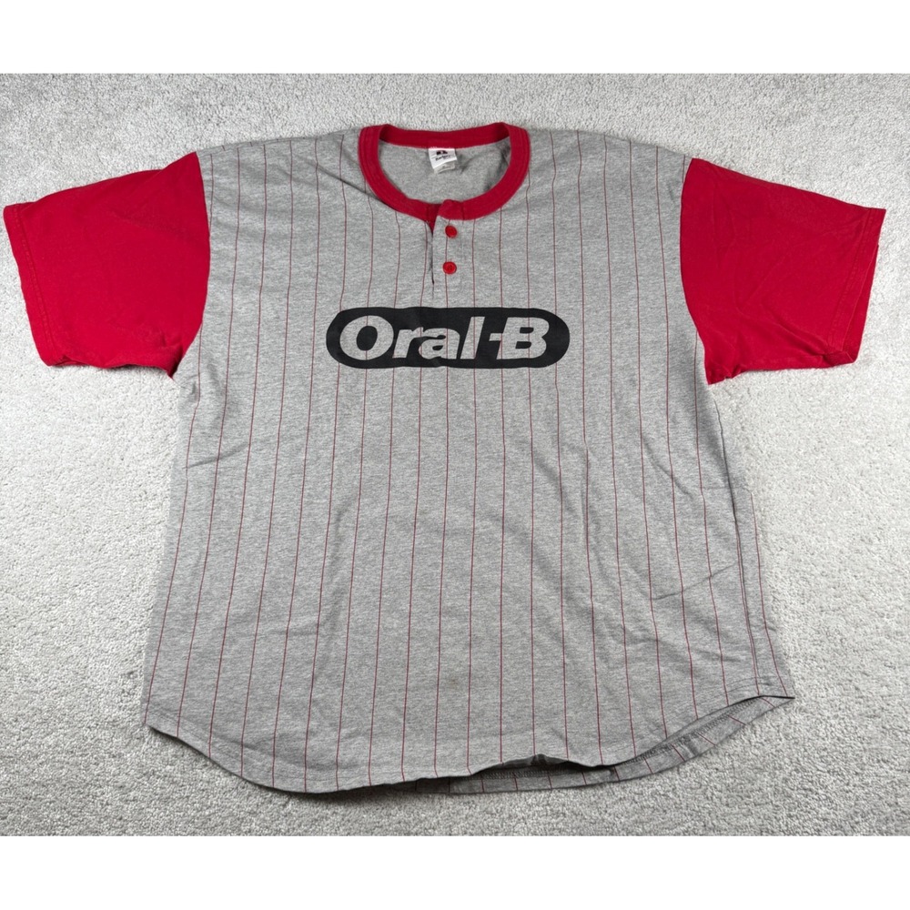 Vtg Oral-B Company Softball Jersey Henley Shirt Mens XL Gray Red Pinstripe Stain - Picture 3 of 16
